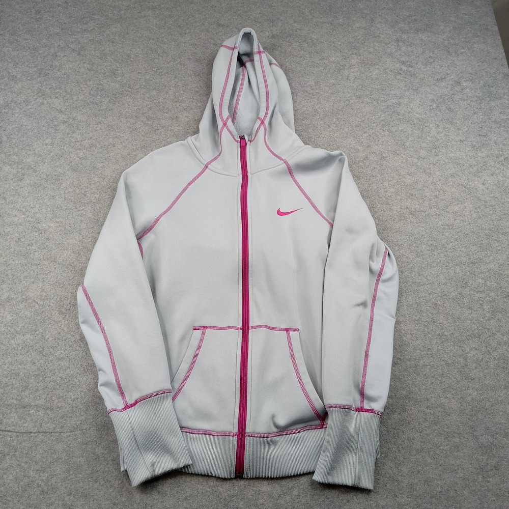 Nike Hoodie Womens Medium‎ Gray Therma-Fit Full Zip Fleece Pink Trim 484953-013
